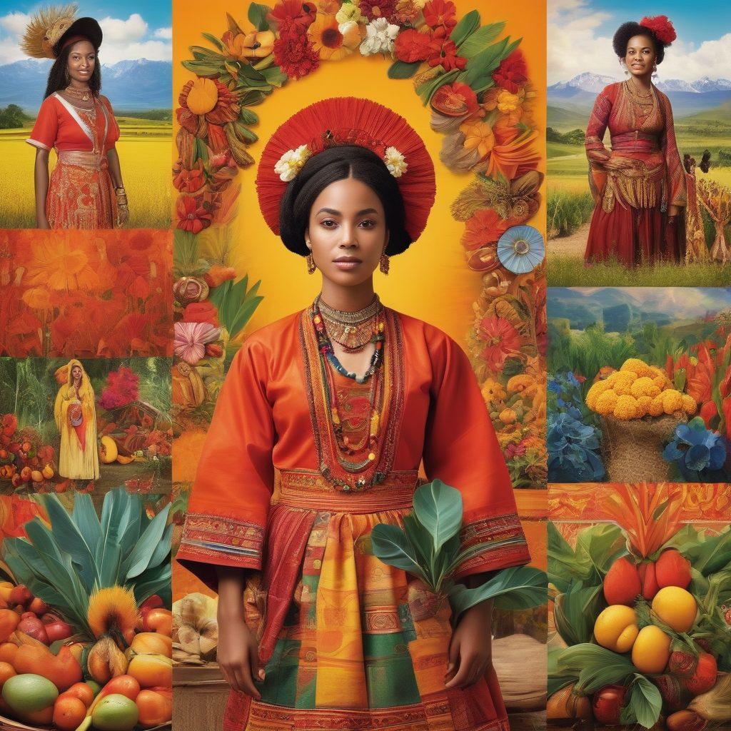 A vibrant collage depicting diverse cultural elements from Region Eight, showcasing traditional costumes, local markets, and community gatherings. Incorporate symbols representing economic activities, like agriculture and trade, intertwined with lush landscapes and colorful festivals. The scene should evoke a sense of unity and connection among the people. Use warm colors to highlight the richness of the culture. super-realistic. vibrant colors.