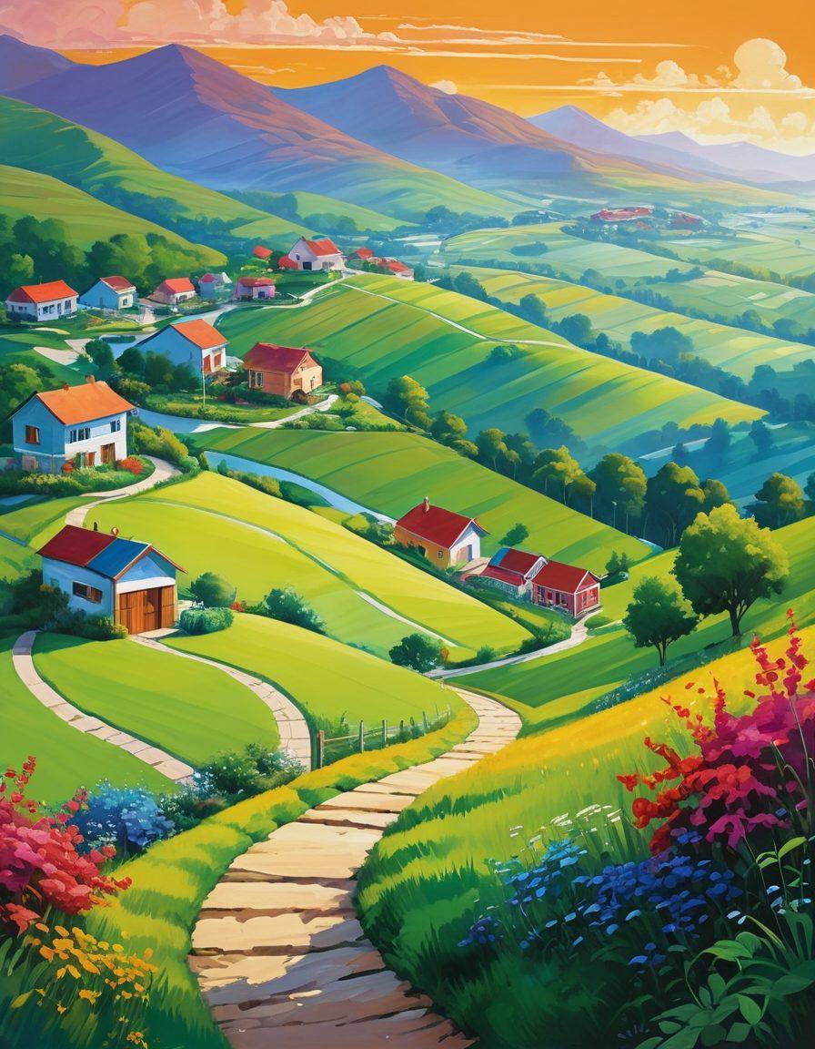 A serene landscape showcasing the various stages of regional development, featuring lush green hills, modern buildings, and a small community with people engaging in activities. Include symbolic elements like a winding path leading towards a bright horizon, signifying growth and progress. Use a vibrant color palette to evoke optimism and vibrancy. painting. vibrant colors. natural scenery.
