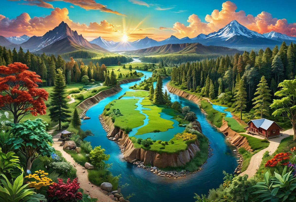 A captivating landscape showcasing Region 8's diverse geography, including lush forests, mountains, and rivers, intertwined with illustrations of local resources like agriculture, minerals, and community activities. In the foreground, a path symbolizing exploration leads through these elements, representing growth and development. The sky is bright and inviting with colorful flora around. super-realistic. vibrant colors. 3D.